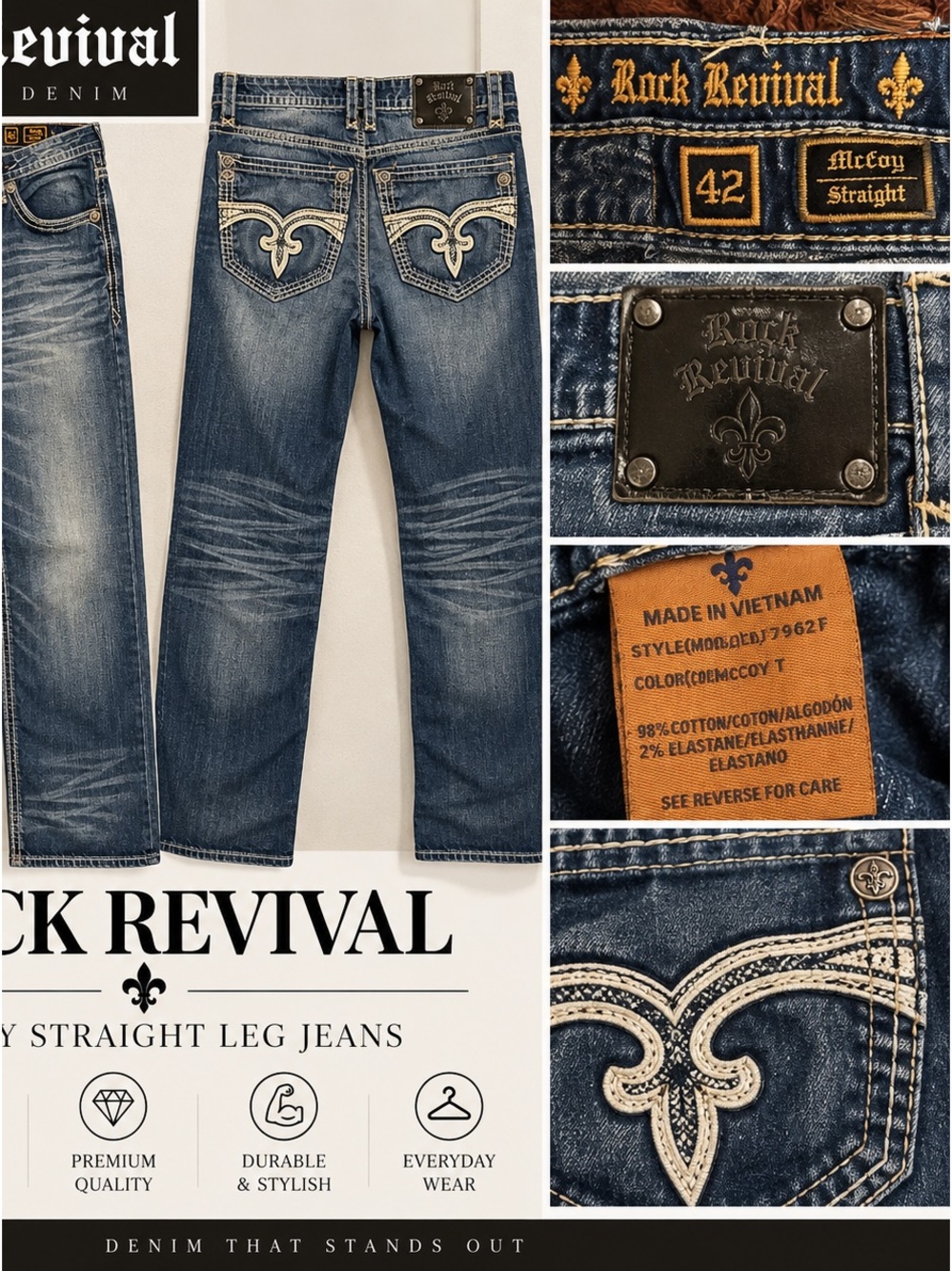 Rock Revival McCaw Straight Leg Jeans - Distressed Blue Denim
